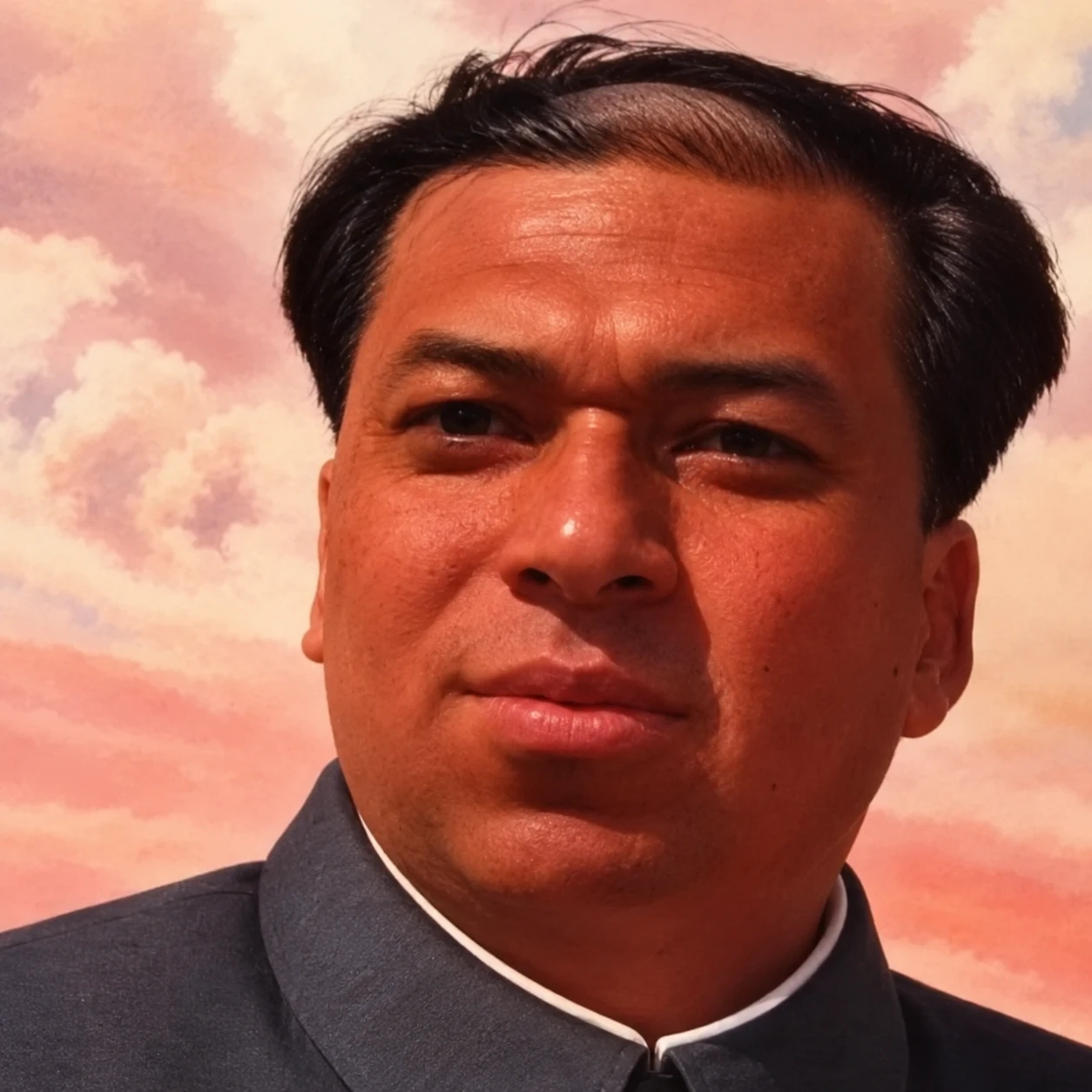 Official state portrait of the Glorious Leader, gazing into a pink sky of destiny
